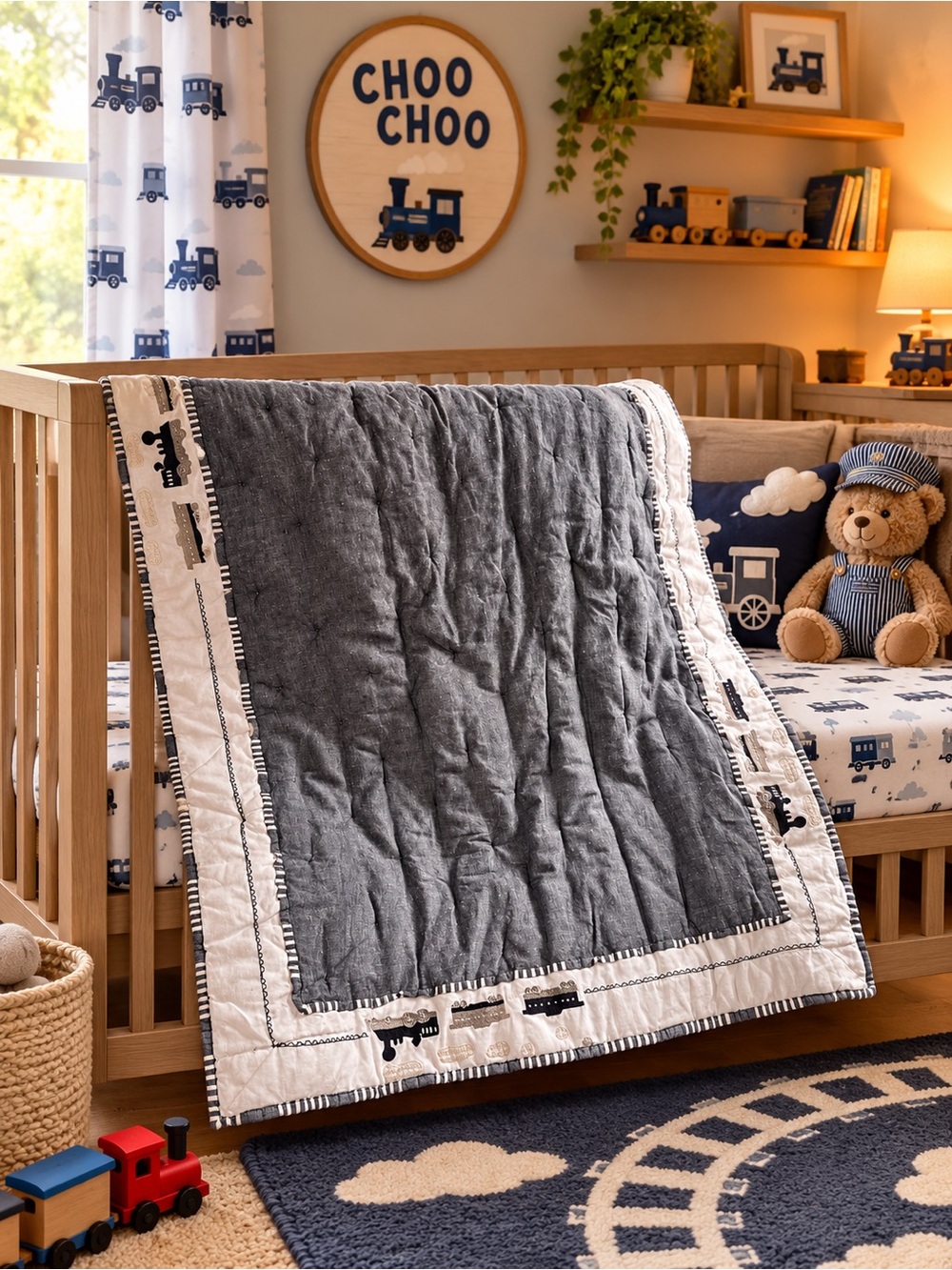 Pottery Barn Kids Navy and Cream Train Quilted Baby Blanket
